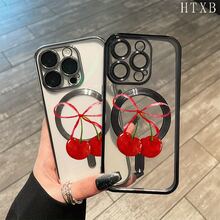 Teléfono rojo con grandes cerezas, lente integral, acabado electrochapado magnético, compatible con carga inalámbrica magnética y compatible con phone 16 Pro Max, 16, 15 Pro, 14, 14 Plus/14 Pro Max, 13, 13 Pro, 12 Pro, 11/11 Pro y la serie Pro. Es un excelente teléfono para amigos, cumpleaños y festividades. - Negro - Ver 5