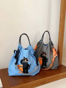 New Women's One Shoulder Bag, Japanese Embroidered Cat Design, Large Capacity Tote Bag, Lightweight And Foldable, Suitable For Commuting, Travel, Party, Surprise Gift, Christmas Gift, Large Capacity Handbag, Commuter Bag, Women's Bag