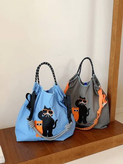 New Women's One Shoulder Bag, Japanese Embroidered Cat Design, Large Capacity Tote Bag, Lightweight And Foldable, Suitable For Commuting, Travel, Party, Surprise Gift, Christmas Gift, Large Capacity Handbag, Commuter Bag, Women's Bag