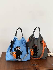 New Women's One Shoulder Bag, Japanese Embroidered Cat Design, Large Capacity Tote Bag, Lightweight And Foldable, Suitable For Commuting, Travel, Party, Surprise Gift, Christmas Gift, Large Capacity Handbag, Commuter Bag, Women's Bag