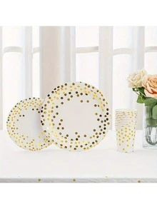 A Set Of 50 Or 80 Disposable Party Supplies In White And Gold, Including White Paper Plates, Napkins And Cups With Gold Dots, Suitable For Weddings, Baptisms, Birthdays, Graduation Ceremonies And Daily Use. Made Of Paper, No Power Supply Required. - Multicolor - View 2