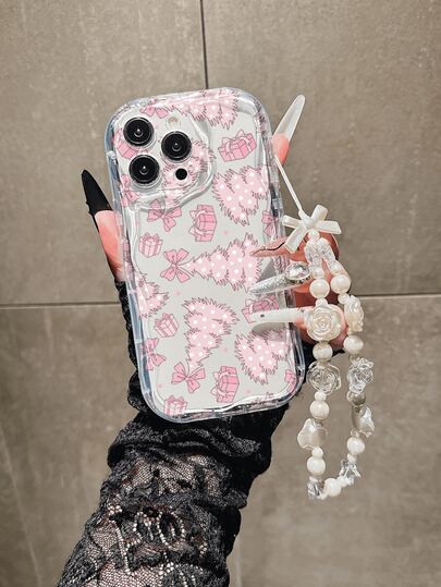 New Pink Christmas Tree, Christmas Gift Pattern Soft Shell Cute Phone Case With Hanging Decoration, Transparent 3D Wavy Edge Full Coverage Anti-Drop Design, Compatible With IPhone 16 16Promax 16Pro 16plus XR 15 14 Pro Max 12 13 Pro 11, Anti-Scratch Shock-Proof Textured Exterior