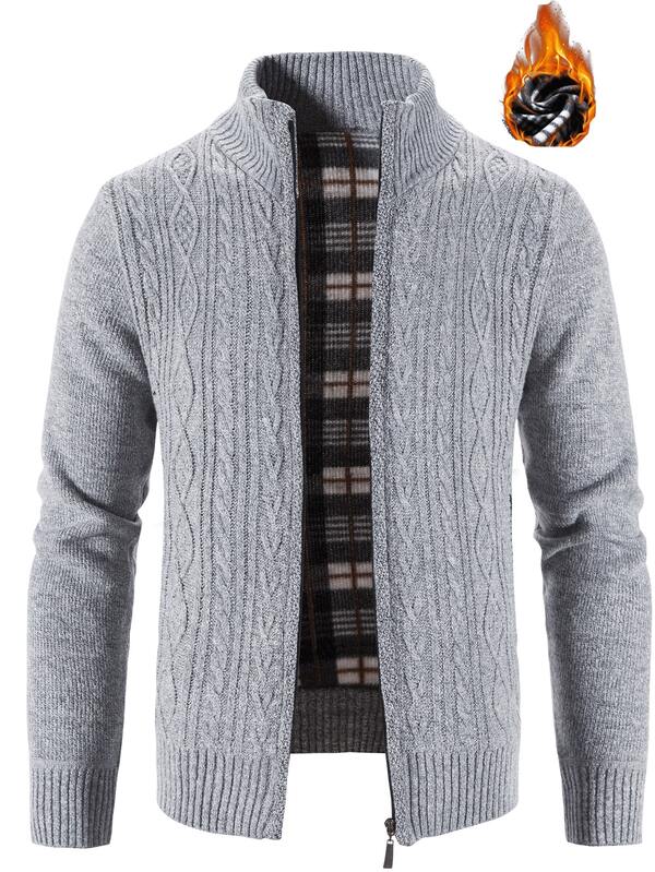 Men's Casual Comfortable Solid Color Geometric Pattern Zip-Up Cardigan, Minimalist High-End Knitted Sweater Cardigan, Autumn/Winter, Long Sleeve Top