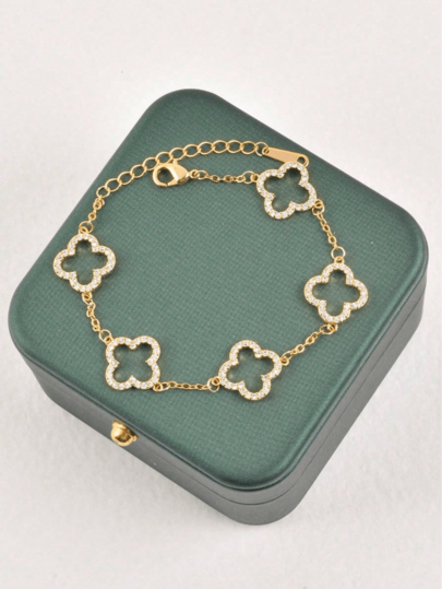 1pc Minimalist Clover Bracelet, French Sweet Luxury Zirconia Four-Leaf Flower Accessory (No Gift Box)