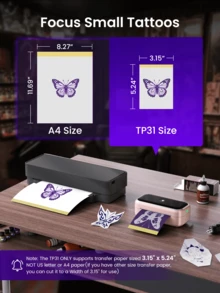 1 Stück Phomemo TP31 kabellose Tattoo-Transferschablonen-Drucker für 3,15" x 5,24", 162,24 x 132,56 mm, Mini-Tattoo-Transfer-Thermokopierer mit 30 Stücke kostenlosem Thermoübertragungstattoo-Papier, Tattoo-Drucker-Set für Tattoo-Künstler, Tattoo-Experten, Tattoo-Anfänger