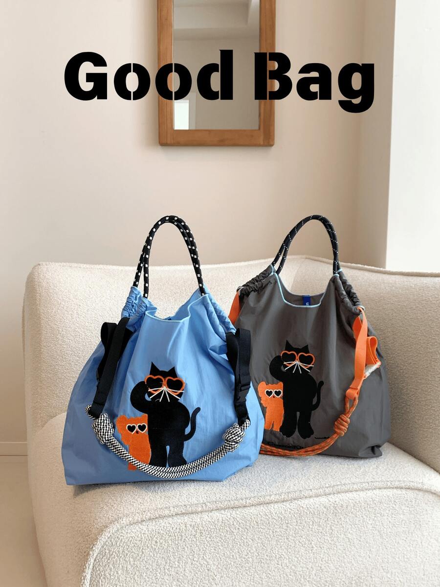 New Women's One Shoulder Bag, Japanese Embroidered Cat Design, Large Capacity Tote Bag, Lightweight And Foldable, Suitable For Commuting, Travel, Party, Surprise Gift, Christmas Gift, Large Capacity Handbag, Commuter Bag, Women's Bag
