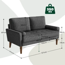 2-Seater Sofa, 121 Cm Linen Sofa With Feather Cushions, Mini Room With Armrests, Modern Living Room Loveseat, Fixed 2-Seater Loveseat - 灰色 - 查看 7