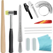 أداة قياس حجم الخاتم، طقم أداة تحديد حجم الخاتم المعدني، مجموعة أدوات إصلاح وإعادة تشكيل الخواتم المنحنية، مجموعة أدوات إصلاح الخواتم تشمل سكين أجات ومطرقة مجوهرات