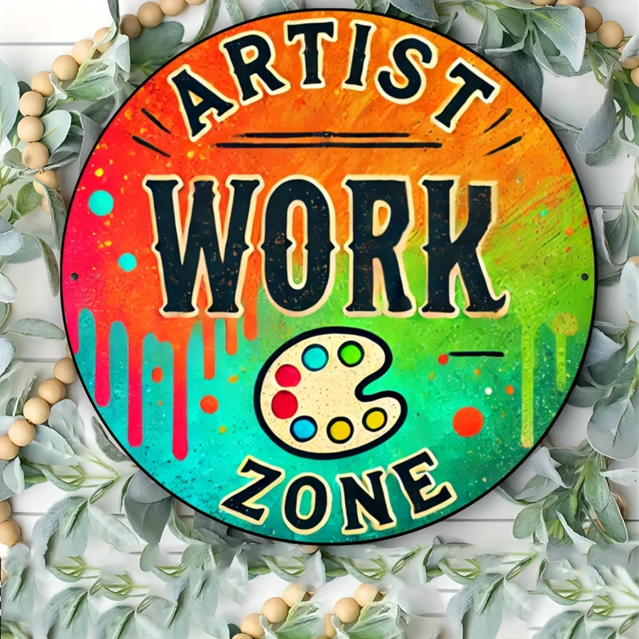 7.87x7.87 Inch Metal Round Artist Studio Sign, "Artist Work Zone" Foil Wall Art Decor For Studio, Office, And Teacher Room