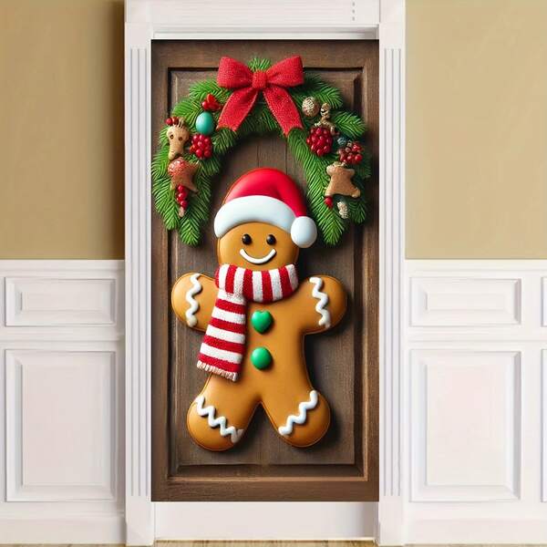 1 peça, guirlanda de porta de boneco de gengibre em fibra de poliéster, 35,4 x 70,8 polegadas, decoração festiva de Natal, uso interno/externo para casa, cozinha, festa, entrada, sala, jardim, sem necessidade de energia