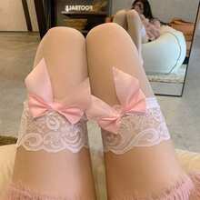 1 Pair Pink Long Stockings Popular Royal Sister Skin Translucent Black Silk Thin Lace Lace Butterfly Over The Knee Stockings - 粉色 - 查看 3