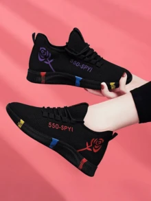Calzado De Caminata Para Muje,Un Par De Zapatos Deportivos Transpirables De Malla Con Suela De Ligera Para Actividades Al Aire Libre,Nuevas zapatillas deportivas para mujer.Zapatillas deportivas minimalistas con cordones para mujer.Zapatillas De Tenis Para Mujer, Zapatos Comodos Mujer, zapatos deportivos de mujer transpirables con cordones - Negro y rojo - Ver 4