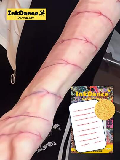 Zestaw "Czerwone kolce z drutu kolczastego" 1 Tymczasowe tatuaże, Sztuczne tatuaże, Wodoodporne, Autentyczny wygląd tatuażu, Blizna na Halloween, Krwawe rany, Cięcia, Zadrapania, Szwy, Straszny makijaż, Kolorowy, Łatwy w aplikacji i usuwaniu, Mężczyźni, CSD068