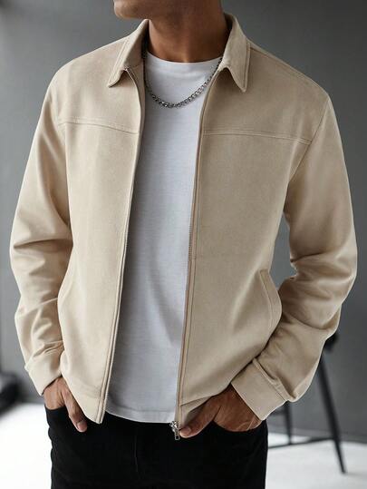 男士复古风麂皮拼接长袖夹克，休闲秋冬外套