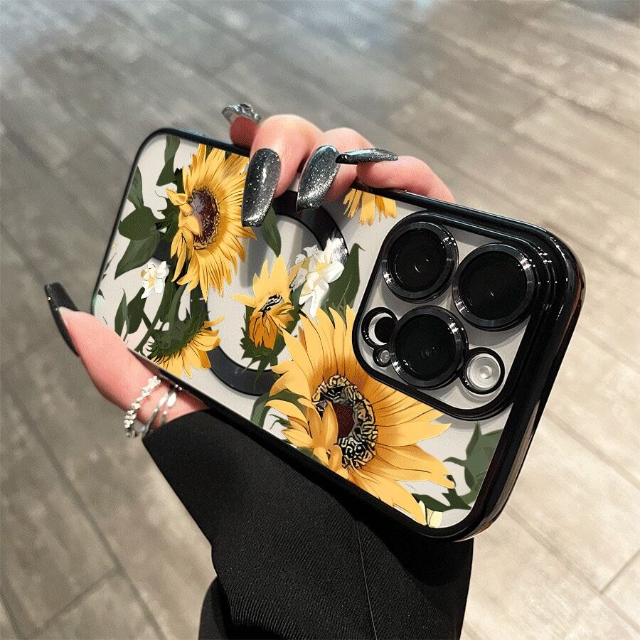 Funda magnética con lente integral y baño de oro, con diseño de girasol. Compatible con carga inalámbrica magnética. Compatible con phone 16 Pro Max, 16, 15 Pro, 14, 14 Plus/14 Pro Max, 13, 13 Pro, 12 Pro, 11/11 Pro y la serie Pro. Un regalo perfecto para amigos, cumpleaños y fiestas. - Negro - Ver 1