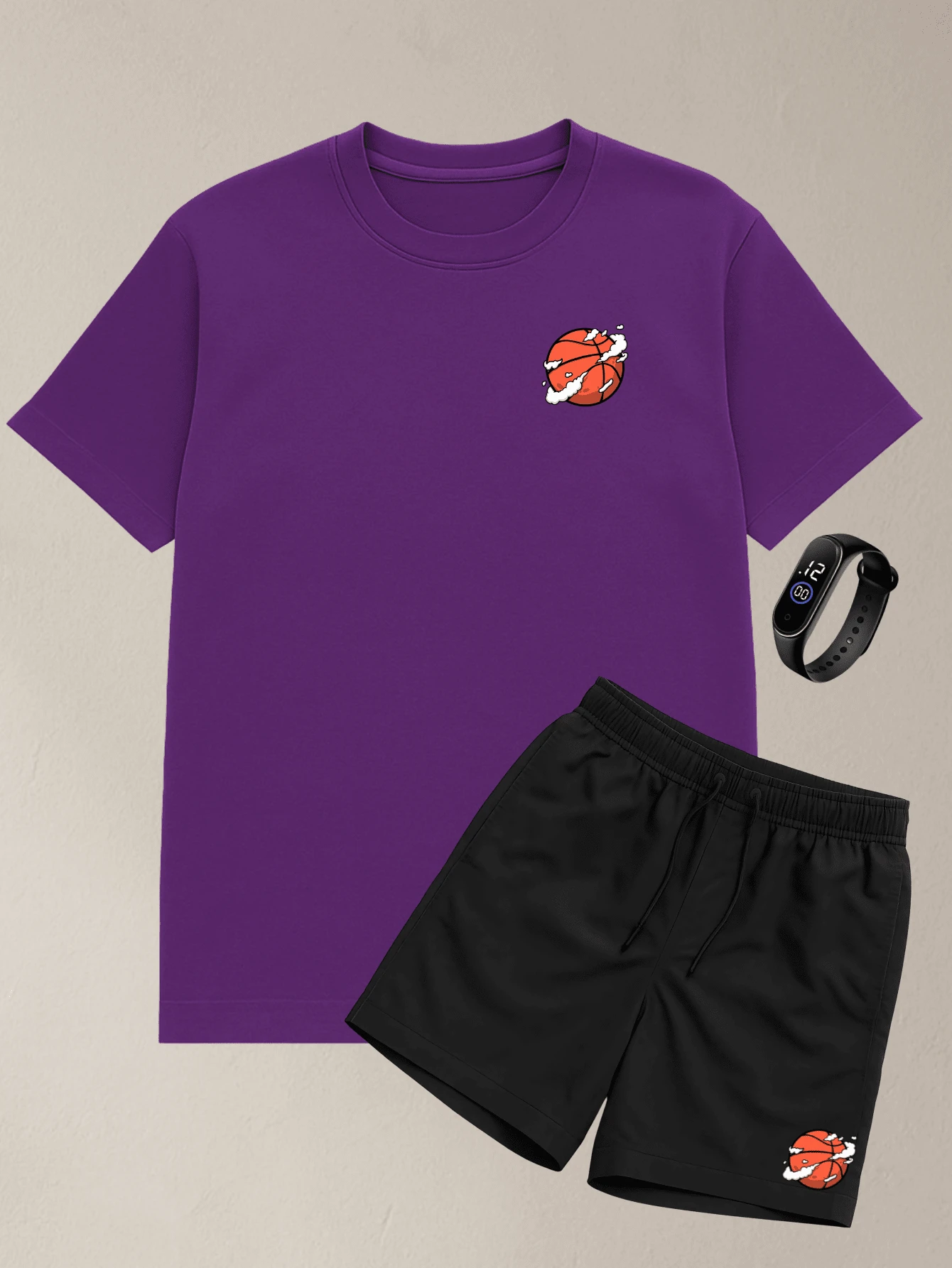 Men's Set: Basketball Bear Printed T-Shirt + Black Tactel Bermuda Shorts - 紫色 - 查看 1