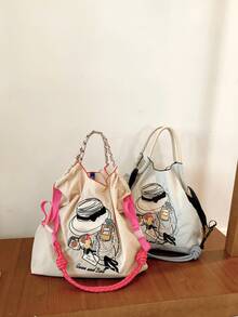 New Women's Tote Bag With Embroidered Fashion Pattern, Large Capacity Shoulder Bag With Adjustable Strap, Lightweight And Foldable Shopping Bag Suitable For Office, Commuting, Outdoor, Sports, Party, Surprise Gift, Big Capacity Handbag, Commuter Bag, Ladies Purse