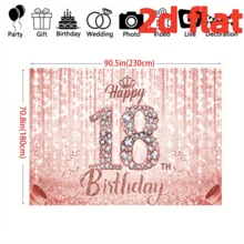 1件 2D平面18歲生日快樂背景布，聚酯纖維布料，鑽石「18」與「Happy Birthday」文字、皇冠、煙花、粉色背景，適合18歲生日派對、成年禮、拍照道具與派對裝飾，多種尺寸可選 - 彩色 - 查看 15
