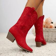 Women'S Cowboy Western Boots Point Toe Pull On Cowgirl Boots Embroidered Detail Chunky Heeled Spring And Winter Back To School Party Festival Halloween Matching Dress Mid Calf Red Boots - 紅色 - 查看 2