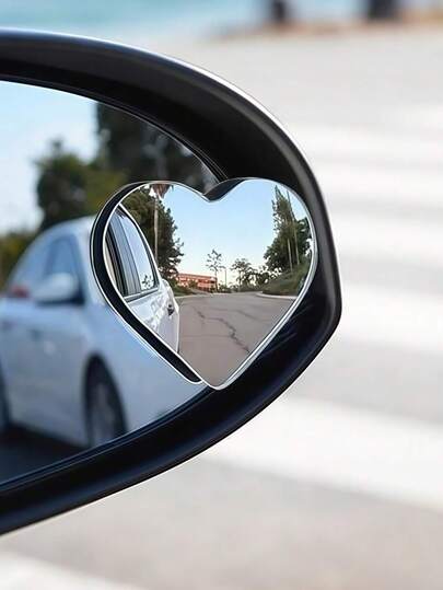 可爱心形汽车盲点镜（1 对）- 360° 广角凸面镜，无框设计，女士停车辅助后视镜