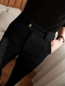 Pantalones de traje de pierna recta de diseño francés, de cintura alta, elegantes, para otoño/invierno - Negro - Ver 2