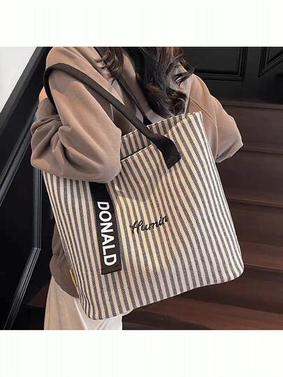 Bolsa de lona a rayas, bolso de mano grande de clase 2025 de gran capacidad para mujeres, bolso de hombro coreano para ir al trabajo