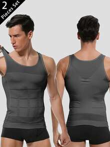 2pcs Men's Compression Vest Shapewear, Sleeveless Tummy Control Undershirt For Gynecomastia, Slimming Underwear - Quick Change - Grey - View 11