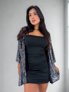 Women's Shiny Sequin Kimono For Festival, Metallic Blouse, Lined, Contrast Sequins - 銀色 - 查看 3