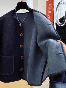 Stylish Korean Chic Faux Lamb Wool Round Neck Short Loose Casual Jacket For Women, Autumn/Winter