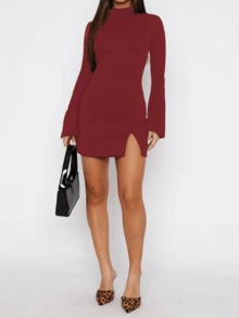 Váy dài tay cổ lọ xẻ tà thời trang nữ Onicee, mùa thu - Màu Đỏ Sâu - Xem 9