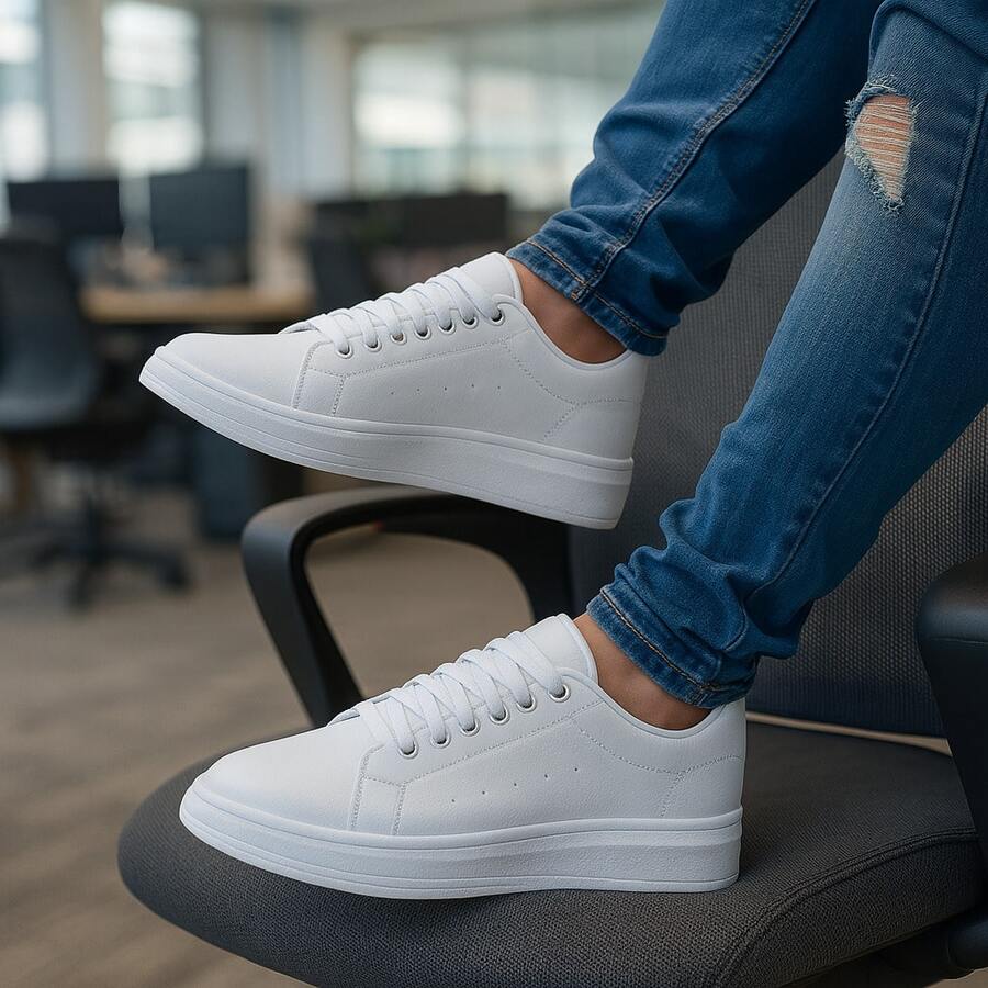 Macqueen Men's Casual Sports Sneakers Leather Comfortable Versatile Soft Sole High 5cm Shoe White Black Promotion - Branco SA - Xem 1