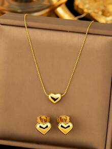VceTd 1 set de bijuterii elegante din oțel inoxidabil cu formă de inimă lucioasă, potrivite pentru purtarea zilnică a femeilor sau pentru cadouri de sărbători - Aur Galben - Vizualizare 4