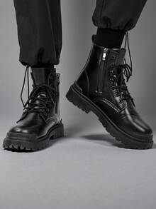 Herren modische High-Top Rund Zeh Knöchel Stiefel, dicke Sohle, abriebfest, Vintage Lässig Stil, geeignet für Große Größen, Winter Outdoor - Schwarz - Übersicht 2
