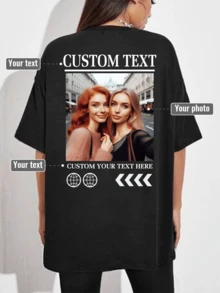 T-shirt oversize style Y2K personnalisé pour femmes, téléchargez votre selfie/photo d'amis/animaux de compagnie/photo de couple, entrez votre texte/bénédiction/nom/texte significatif/amusant, t-shirt noir décontracté ample à manches courtes, cadeau de vacances, marchandise de festival de musique, cadeau spécial, cadeau créatif, t-shirt de couple, t-shirt de meilleure amie, uniforme de team building, personnalisation d'entreprise - Noir - Voir 1