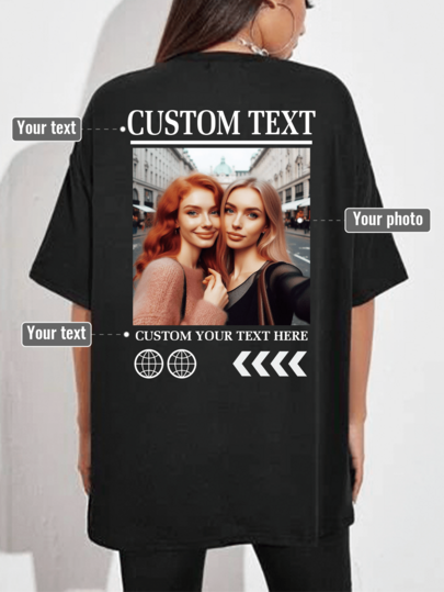Camiseta oversize de estilo Y2K personalizada para mujer, sube tu selfie/foto de amigos/mascotas/pareja, ingresa tu texto/bendición/nombre/significativo/texto divertido, camiseta negra casual y suelta de manga corta, regalo de vacaciones, mercancía de festival de música, regalo especial, regalo creativo, camiseta para parejas, camiseta para mejores amigos, uniforme de trabajo en equipo, personalización corporativa