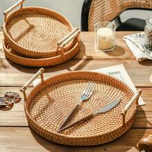 1 件圆形藤条储物托盘带手柄，日式面包和糕点托盘，珠宝和化妆品展示整理托盘 - 黃色 - 查看 3