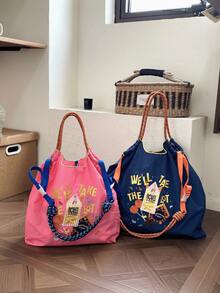 New Women's Tote Bag, Japanese Embroidery Fashionable Rocket Pattern, Large Capacity, Lightweight, Foldable, Suitable For Shopping, Party, Commuting, Sports, Surprise Gift, Women's Shoulder Bag, Large Capacity Handbag, Commuter Bag, Charming Women's Bag