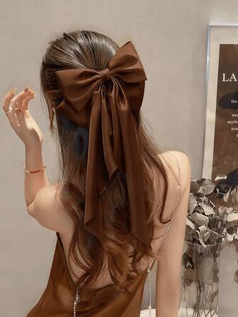1个棕色蝴蝶结发箍，女孩大蝴蝶结发夹，优雅发饰，带大发夹，适合马尾辫