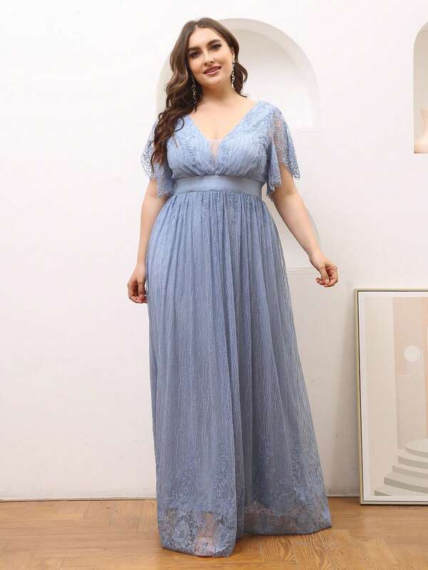 UNITHORSE Plus Size Women Ruffle Sleeve Lace Dress