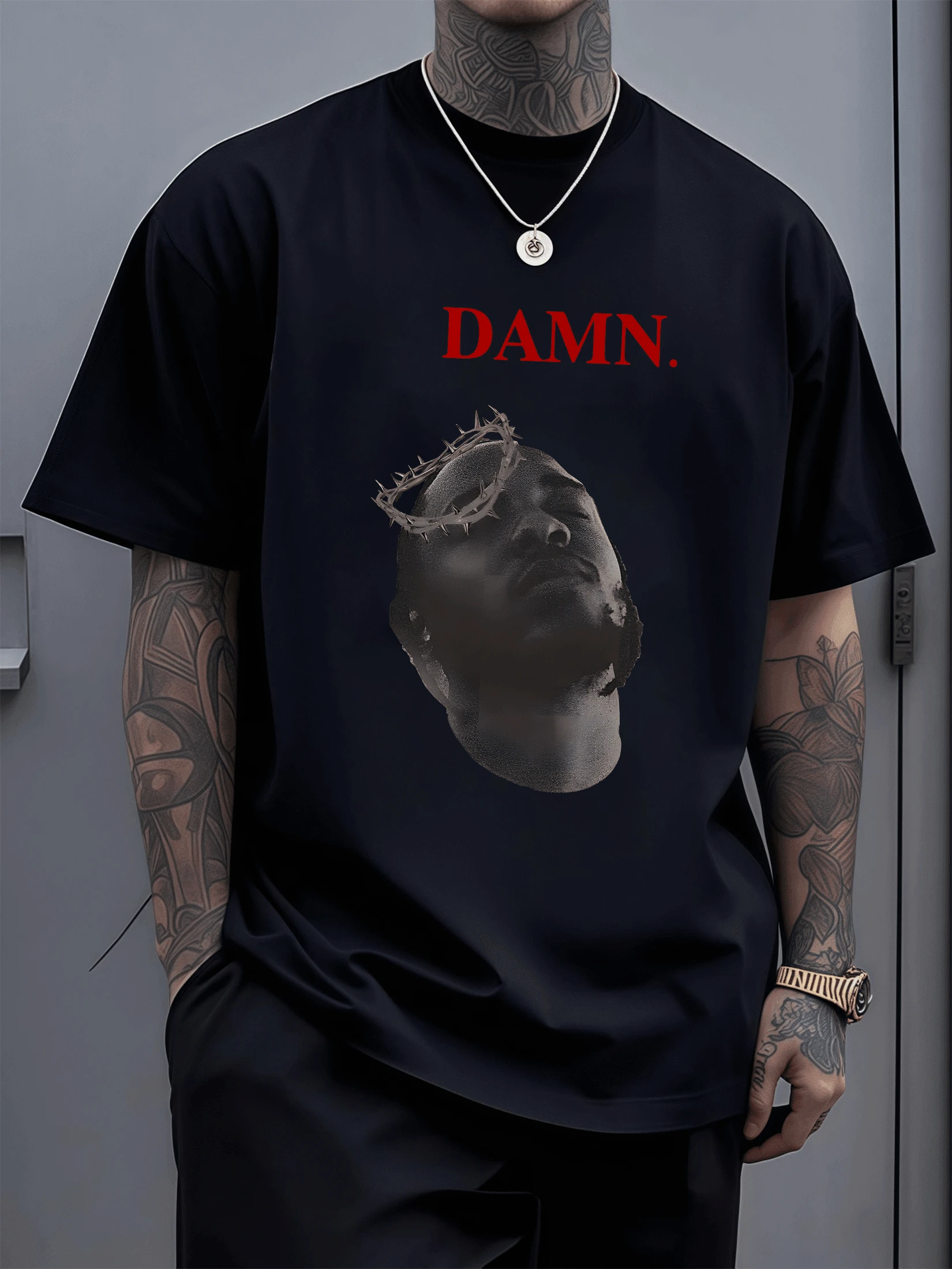 Camiseta de hombre con diseño original cabeza con corona de espinas,estilo urbano y moderno.¡Consigue la tuya! - Negro - Ver 1