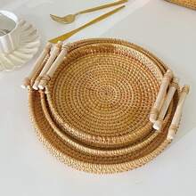 1 件圆形藤条储物托盘带手柄，日式面包和糕点托盘，珠宝和化妆品展示整理托盘 - 黃色 - 查看 4