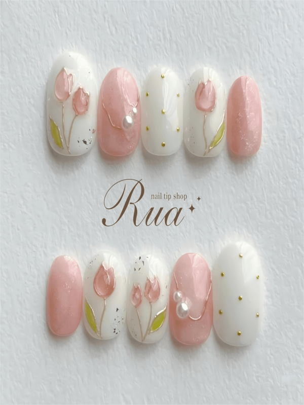 10 Pcs Handmade Press On Nails, With Pink And White As The Base Color, Interspersed With Gold Line Flowers, Pearl Particles Collocation, Nails, Oval Nails, High-Grade Brightening, Suitable For Ladies And Girls To Wear Daily And As Gifts For Festivals, Suitable For Valentine's Day, Halloween