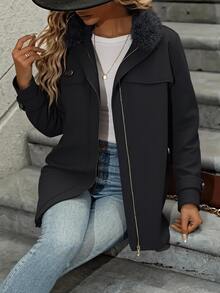 Abrigo de mujer de algodón con cuello de peluche - Chaqueta térmica, diseño vintage y ajustado, versátil y elegante, con prácticos bolsillos, disponible en varios colores. - Negro - Ver 3