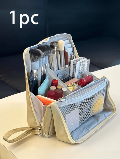 多功能大容量化妆包，可直立放置，高价值收纳包，分格设计，便携式多功能洗漱包，可直立放置，也可作铅笔盒使用，男女学生均适用。化妆包、洗漱包、旅行必备、邮轮必备、度假必备，男女皆宜。