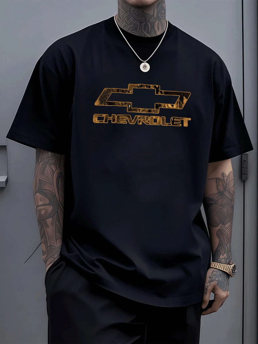 Camiseta de Hombre Casual con Estampado Dorado de Logo Clásico,Diseño Moderno y Cómodo.Perfecta para un Look Urbano y Original. - Negro - Ver 1