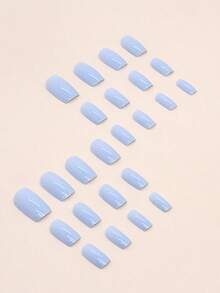 1套浅蓝色亚克力美甲胶水套装，短方形，24片纯色短棺材形亚克力美甲贴片及美甲胶水美甲用品 - 彩色 - 查看 2