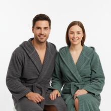 2-Piece 100% Cotton Unisex Bathrobe Set – Black & Green Color Options, Fluffy Hooded Robes For Women & Men, Terry Cloth, Soft With Long Belt – Ideal For Spa, Sauna & Daily Use – S/M & L/XL – Made In Turkey - 墨綠色 - 查看 2