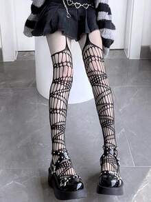 1pc Women Lace Sheer Transparent Stockings, Sexy Pantyhose, Black Tights Valentine's Day Valentines - Multicolor - View 7