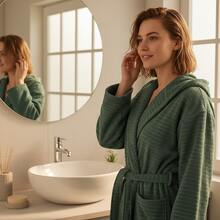 2-Piece 100% Cotton Unisex Bathrobe Set – Black & Green Color Options, Fluffy Hooded Robes For Women & Men, Terry Cloth, Soft With Long Belt – Ideal For Spa, Sauna & Daily Use – S/M & L/XL – Made In Turkey - 墨綠色 - 查看 3