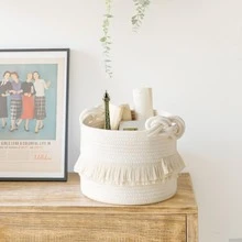 1pc Extra Large Woven Storage Basket, Handwoven, With Cute Tassel Decoration, Decorative Basket, Laundry Basket, Suitable For Storing Magazines, Toys, Blankets And Clothes, Baby Room Decoration - Home Storage Container. - White - View 11